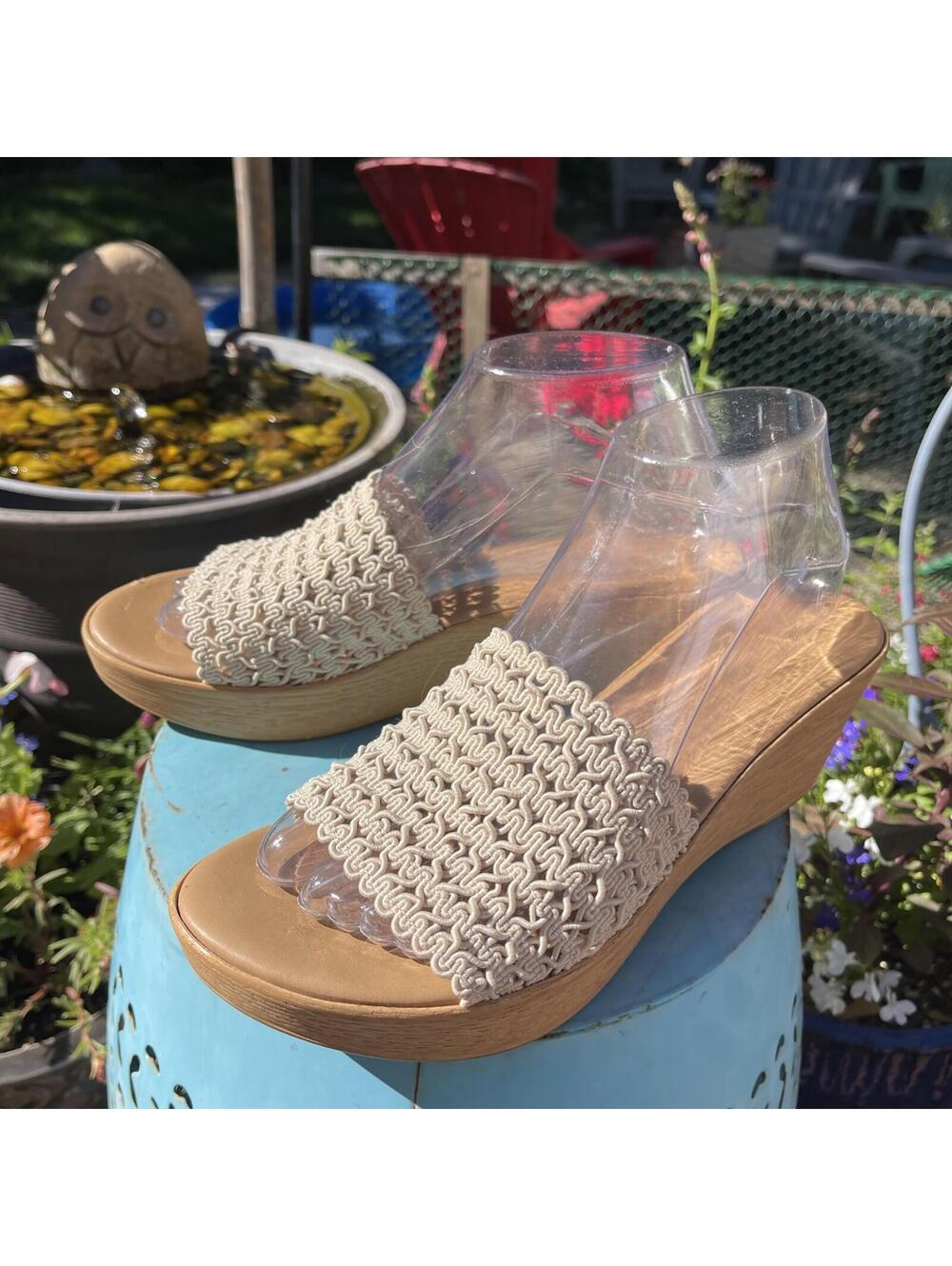 Mila Paoli Natural Woven Platform Slides Wedge 7.5